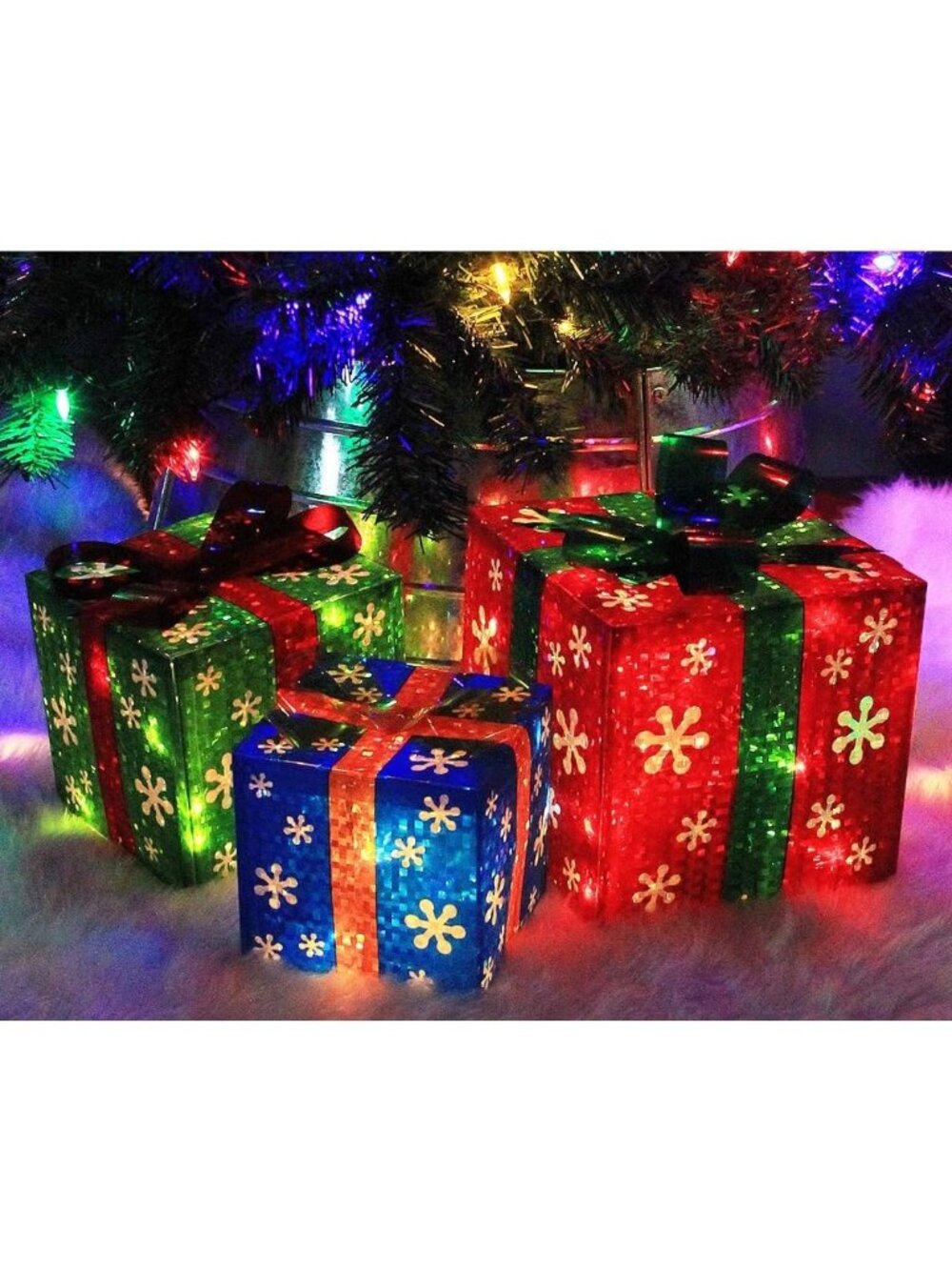 New Set of 3 Lighted Gift Boxes, Red, Green & Blue Christmas Home Decor